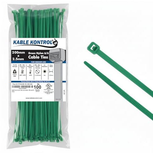 Kable Kontrol Green Cable Ties, 200 mm x 2.5 mm, Pack of 100, 8 Premium Nylon Zip Ties, Multi-Purpose Plastic Tie Wraps, Secure Self-Locking Mechanism, for Home, Garden, Office and DIY