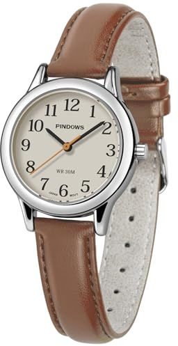 PINDOWS Analoge Armbanduhr für Damen, 32 mm, Lederarmband | präzises Quarzwerk, Mineralglas, 8 mm flach, 27,5 g leicht, leuchtendes Zifferblatt und 3 ATM für den Alltag