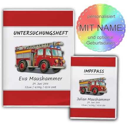 Personalisierte U-Heft Hülle & Impfpasshülle Set, 2-Teilig, Feuerwehr | Mit Name & Geburtsdaten, Geschenk zur Geburt