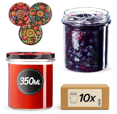 KADAX 10er Set Marmeladengläser 350ml TO82 Bunte Blumen, Einmachgläser Vorratsgläser Mason Jar mit Schraubdeckel, Luftdichte Schraubgläser, Honig & Konfitüre