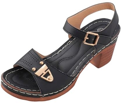 Xbemkste Damsandaler med klack, eleganta och bekväma höga klackar med justerbara remmar sandaletter, sommarskor, klassiska blockhälssandaler, T4 svart, 38.5 EU