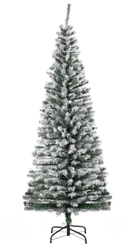HOMCOM Künstlicher Weihnachtsbaum 180 cm mit Schnee, 492 Spitzen | Bleistift Kiefernbaum, Beflockter Christbaum, inklusive Metallständer, Weihnachtsdeko für den Innenbereich