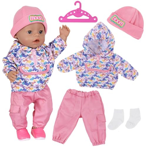 Baby Puppen Puppenkleidung 35-43 cm, Set aus Hoodie & Hose für Neugeborene Baby Puppen Süßer Hund Kapuzen Jacke mit Taschen Rosa Freizeithose Strickmütze Socken Aufhänger (Ohne Schuh)