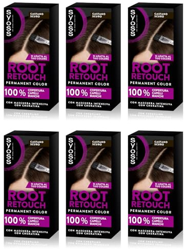 Syoss Root Retouch Ritocco permanente Castano Scuro, Colorazione permanente per 100% copertura della ricrescita capelli, Kit con crema colorante capelli e maschera intensiva con cheratina, 6 confezion