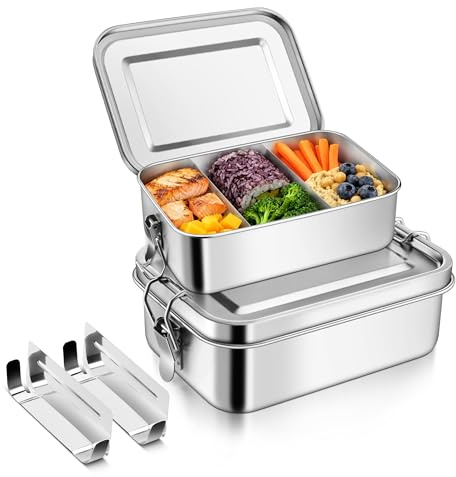 Joyfair 2 Stück Edelstahl Brotdose Lunchbox mit Fächern - 850ml+1400ml | Bento Box für Erwachsene & Kinder, 2 Abnehmbar Fächern, Wiederverwendbar, Auslaufsicher & Spülmaschinenfest