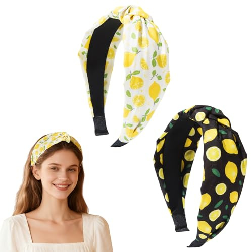 OuryTech Haarreifen Damen, 2 Stück Zitronen Headbands Geflochten Non-Slip Top Knot Hair Band Haaraccessoires