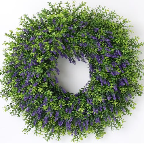 26 Artificial Lavender & Boxwood Wreath for Front Door - Large Faux Purple Greenery Outdoor Wreath for Home, Farmhouse, Window, Wall Decor | Spring Summer All Seasons