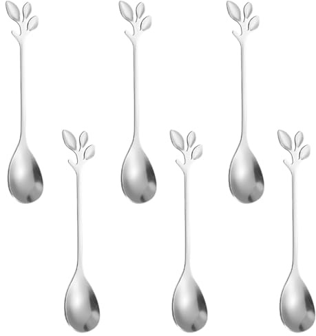Set de 6 Cuillères à Cafe, 12 cm - Petite Cuillère à Espresso en Forme de Feuille - Petite Cuillère à Dessert - Acier Inoxydable Poli, Lavable au Lave-vaisselle