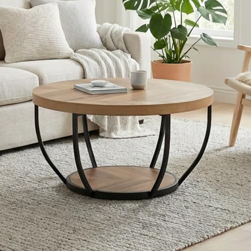Home Collective Couchtisch Ø 80 cm rund, moderner Beistelltisch mit 2 Ablagen, Wohnzimmertisch mit Metallgestell 46 mm Tischplatte, Sofa-Tisch, idealer Ablagetisch für Wohnzimmer Deko | Eiche dunkel