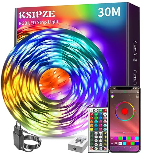KSIPZE Led Streifen 30m, RGB LED Strip mit Fernbedienung Bluetooth App, Dimmbar Farbwechsel led Lichterkette Lichtband Musik Sync, Selbstklebend Leds Kette Leiste band Beleuchtung für Zimmer Partei