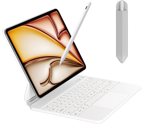 Keyboard Case with Stylus Pen for iPad Air 11 (M3/M2, 2025/2024), iPad Pro 11 (4th/3rd/2nd/1st Gen) & iPad Air 5/4, Magnetic Case with Keyboard, Pencil Holder, Floating Cantilever Stand, White