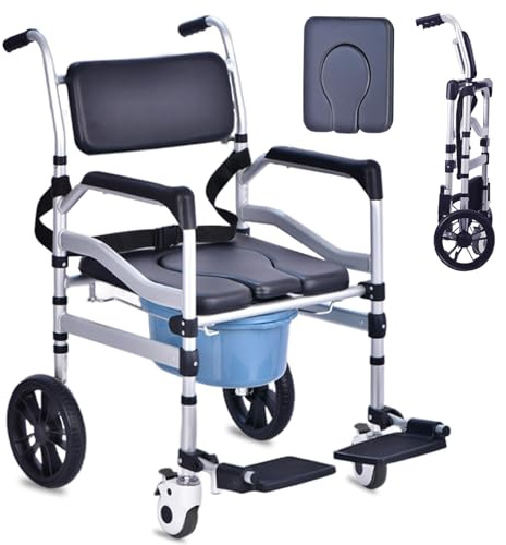 Toilettenstuhl für Senioren, Duschstuhl mit Rollen, 3-in-1 Duschrollstuhl, Höhenverstellbarer Faltbarer WC-Stuhl mit Armlehnen, Toilettenhilfe bis 136 kg