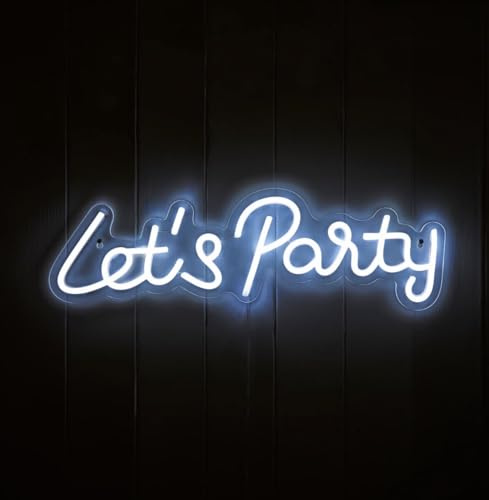 Let's Party Neon LED Wall Sign, Cool White, Solar Powered, 8 Lighting Modes, 50 x 15.5cm, Outdoor Party Decor