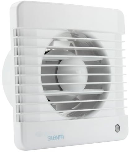 VENTS Silenta 100mm (4-Inch) Diameter Bathroom Extractor Fan with Humidity Sensor and Run-on-Timer. Outer size 157x159x21mm. Low energy consumption - White