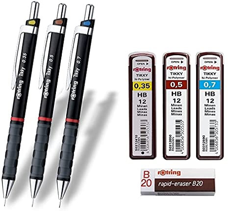 rOtring Tikky 3er Set mit Colourcode 0,35/0,5/0,7 mm (inkl. 3 Dosen Ersatzminen HB + Radierer B20)