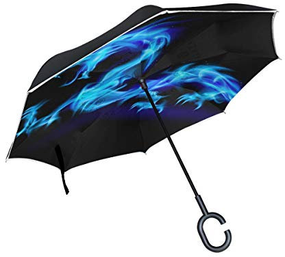 MNSRUU Umkehrbare Regenschirme Fire Draon doppellagiger Faltbarer Regenschirm Winddicht Anti-UV Winddicht Reise-Regenschirm für Damen und Herren