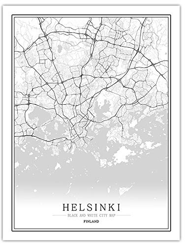Kanvasbild, Finland Helsingfors Stadskarta Svart Vit Enkel Minimalistisk Konst Väggmålning Affisch Ram Mindre Bild, Modern Vertikal Målning Café Kontors Heminredning,50 * 70cm
