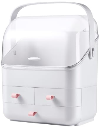 LINFIDITE Cosmetic Storage Box with Lid Makeup Organizer Box with Dust Free Cover Portable Handle,Large Makeup Display Case with Drawers Fully Open Lid,Great for Dresser Bathroom Countertop