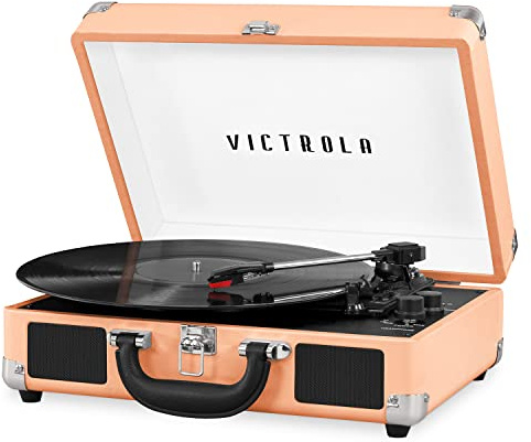 Victrola Journey Bluetooth Portable Suitcase Record Player – with Built-in Speakers, 3 Speed Vinyl Record Player, RCA Out, Headphone Jack (Rose Gold)