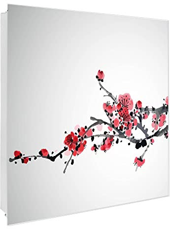 banjado Großer Schlüsselkasten Glas - Schlüsselbox 30x30cm mit 50 Haken - Schlüsselkasten modern für Schlüsselaufbewahrung mit beschreibbarer, magnetischer Glastür - Motiv Kirschblüten