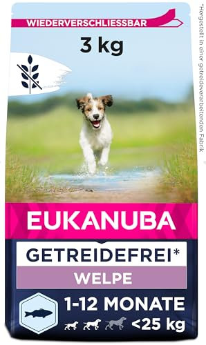 Eukanuba Welpenfutter getreidefrei mit Fisch für kleine und mittelgroße Rassen - Trockenfutter ohne Getreide für Junior Hunde, 3 kg