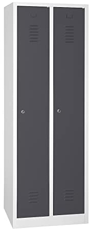 Schrank & Stuhl Spind – Metallspind mit 2 Abteilen, Schließfachschrank mit Hutboden, 30 cm Abteilbreite, Lieferung komplett montiert (Grau/Anthrazit, mit Zylinderschlössern)