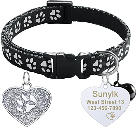CAMAL Katzenhalsband mit Herzform Hundemarke Personalisiert, Katzenhalsband mit Sicherheitsverschluss und Glocke, Haustierhalsband für Katzen und Welpen Verstellbar 19–32 cm (Schwarz)