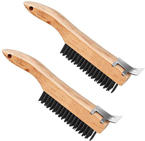 Noosverl Wire Brush Set of 2 - 4 Row Wire Scratch Brush - Stainless Steel Rust Removal Brush - Wooden Long Handle Wire Brush for Cleaninga