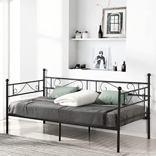 FetiNes Tagesbett Bettgestell 90x190 cm Bett, Metal Wasserdicht Familienbett Gästebett Metallbett Jugendbett Einzelbett Sofabett für Schlafzimmer Wohnzimmer passend, Schwarz