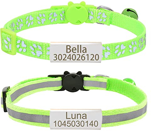 Senristar Personalisierte 2 Pack Reflektierende Katze Halsband, Benutzerdefinierte Breakaway Halsbänder Mit Namensschild und Glocke, Anti-Verlust Namensschild für Mädchen & Jungen