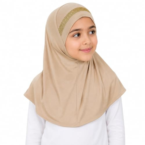 Yaqeen Foulard instantané pour fille Hijab Al Amira avec bordure pailletée, écharpe prête à l'emploi, idéal pour toute occasion école/crèche, moka, Taille unique