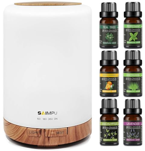 Aroma Diffuser, 300ML Luftbefeuchter mit 6 * 10ml Ätherische Öle Set, Leise Ultraschall DuftöL Diffuser, Wasserlose Abschaltautomatik, 7 Farben LED Öle Diffusor Aromatherapie für Raum, Büro, Yoga, Spa