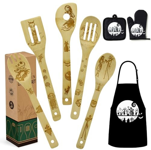 Christmas Nightmare Gift for Women Wooden Cooking Spoons Bamboo Kitchen Cooking Utensils Set with Apron Oven Mitt Potholder