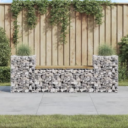 Homgoday Gabion Bench Bench Park Bench Gabion Bench Stone Basket Wire Basket Garden Bench Gabion Basket Rest Bench Garden Bench Made of Gabions Balcony Bench 183 x 41 x 60.5 cm Pine Wood Impregnated