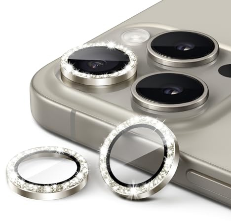 JETech Protecteur d'Objectif pour iPhone 15 Pro/15 Pro Max, Titane Naturel | Protection Caméra, Anneaux Individuels Pailletés, Verre Trempé 9H, Anneau de Protection en Métal, Transparent HD