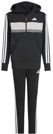 adidas Unisex - Bambini SEASONAL ESSENTIALS TIBERIO 3 STRIPES FLEECE TRACKSUIT, black/white/grey two, 13-14 Years