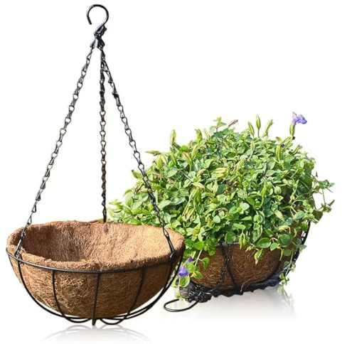 pdodo Hängend Blumenampel mit Kokosfaser-Auskleidung,Blumenampel Kokos mit Aufhängekette, Schmiedeeiserne Blumenampel, Übertopf Blumenkorb Kokos Schale Blumentopf Deko Eisen Korb Blumentopf Flower