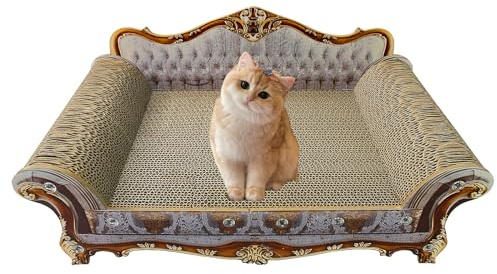 INRLKIT Luxury Cardboard Cat Scratcher Sofa Bed, Couch Shaped Cat Scratching Board, Scratch Lounge with Catnip, Scratcher for Indoor Cats Kittens Kitties Grey