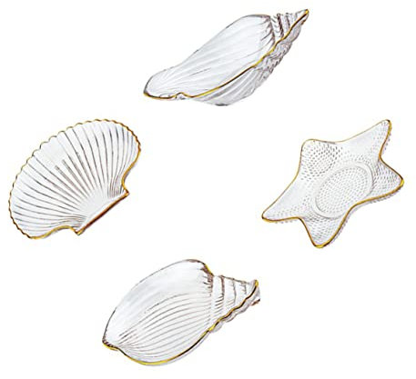 LABRIMP Plateau de Service à Fruits Transparent en Verre Bord Doré, Lot de 4 Pièces, Résistant Haute Température, pour Présentation et Rangement de Bijoux