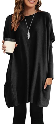 AUSELILY Maglione Donna Lungo Oversize Maglietta Donna Maniche Lunghe Leggero Pullover Girocollo Felpa T-Shirt Vestito con Tasche