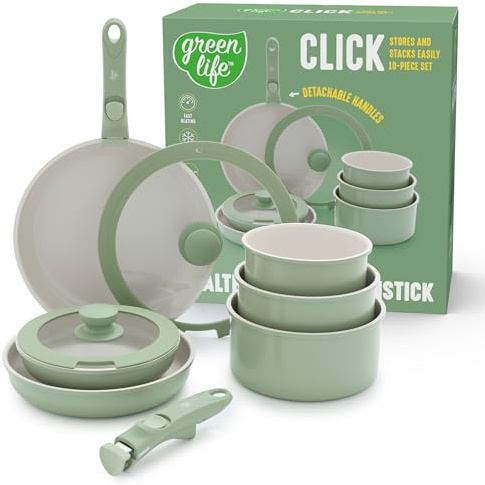 GreenLife 10 Piece Nonstick Pots & Pans Set, Detachable Handle & Stackable Cookware Set, Non Toxic PFAS-Free Skillets, Induction Kitchen Pans, Space Saving, Serving Bowls, Oven Safe, Sage Green