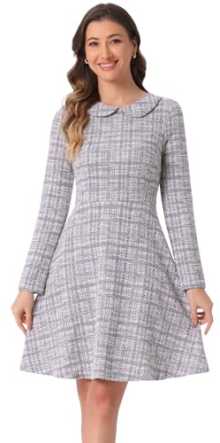 Allegra K Vestido de Tweed Vintage para Mujer Vestido Acampanado de Manga Larga con Cuello Peter Pan de Rejilla a Cuadros