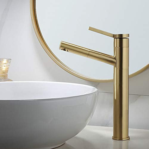 SFEWF Badezimmer-Waschtischarmaturen, Badezimmer-Waschbecken, komplett aus Messing, Waschbecken-Mischbatterie, heiß und kalt, herausziehbarer Einhandgriff, gebürstetes Gold, Wasserkran, Gefäßhahn,