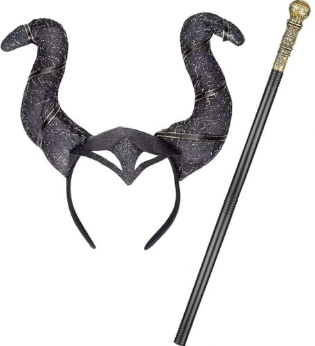 Kit Déguisement Mauvaise Fée Noire 2 Pièces I Serre-tête Cornes Bâton Plastique 80 cm I Halloween Carnaval Cosplay I Ange Déchu Enfer Démon Diablesse Maléfique I Accessoires Canne Déguisement Adulte