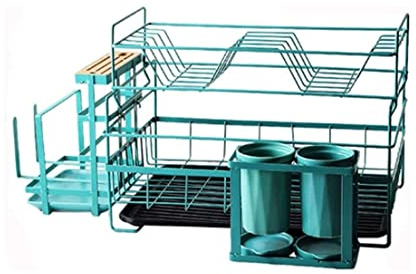 GXJBGYUSFT Kitchen Countertop Organizer Dish Rack With Drip Tray Cutlery Holder, Dish Drainer With Drainboard For Kitchen Counter Drainage Utensil Holder(White) (Blue)