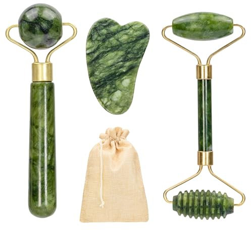 Rullo di Giada per il Viso e Gua Sha 100% Autentica - Set Massaggiatore viso e Corpo per Lenire la Pelle