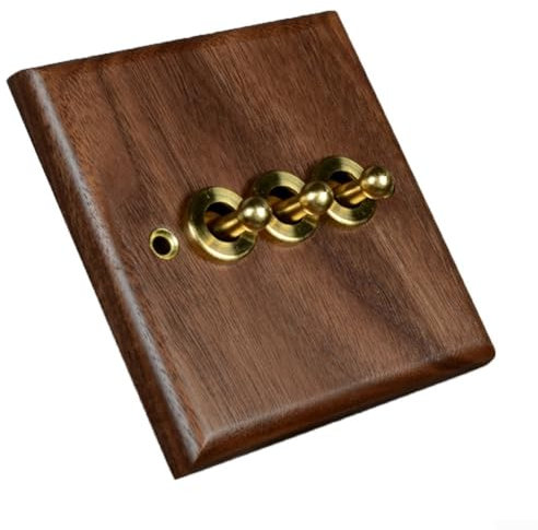 ComfyHarbor Toggle Light Switch, Moment Switches, Retro Walnut Wooden Plated, Brass Lever Wall Light, Rocker Switches, Decorative Interior Light Switch (3 Gang)