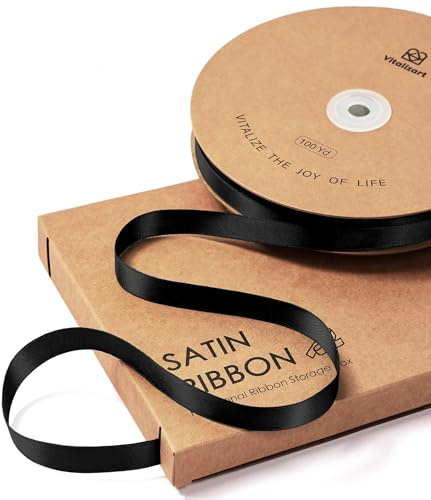 Vitalizart 0,95 cm x 91 m Satinband Schwarz für Geschenkverpackung Basteln | Doppelseitiges Geschenkband für Geburtstag, Hochzeiten, Blumensträuße & Dekorationen, Dünnes Stoffband mit Aufbewahrungsbox