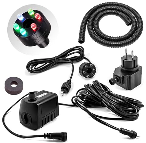CLGarden Springbrunnenpumpe SP1-S Komplettset mit Beleuchtung RGB Farbwechsel, 12 Volt Trafo, Schlauch, Schaumstoffdichtung für Zierbrunnen Wasserspiel