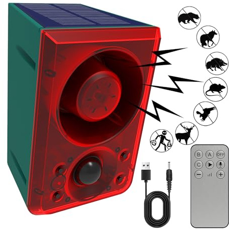 Sollarm för utomhusbruk med rörelsesensor - QXMH skällande och skott, stöder inspelning och ± volym, 130 dB rörelsedetektor, med USB för hemmet, den